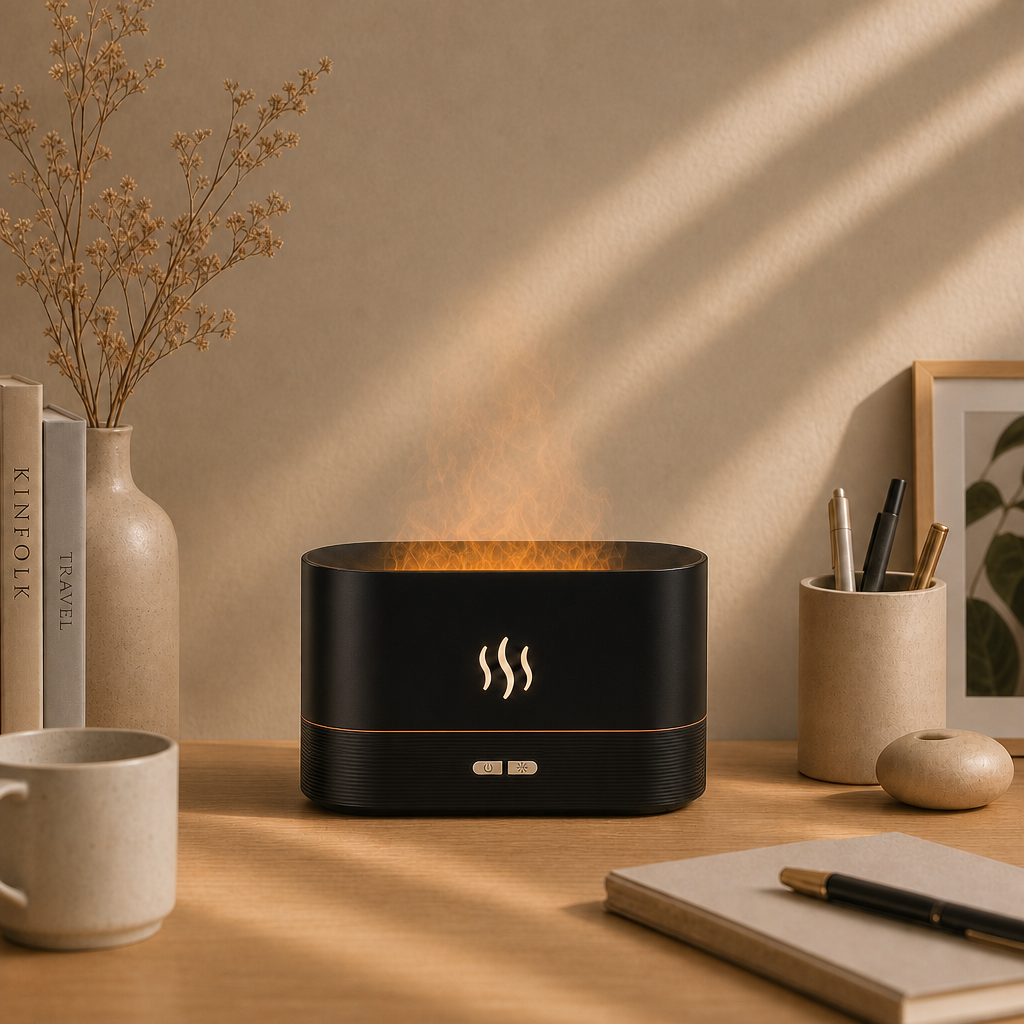 Diffuseur BRAISE Bureau noir compact à effet flamme, posé sur un bureau