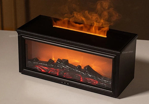 Diffuseur BRAISE Foyer noir, flamme orange sur bûches, vue de face