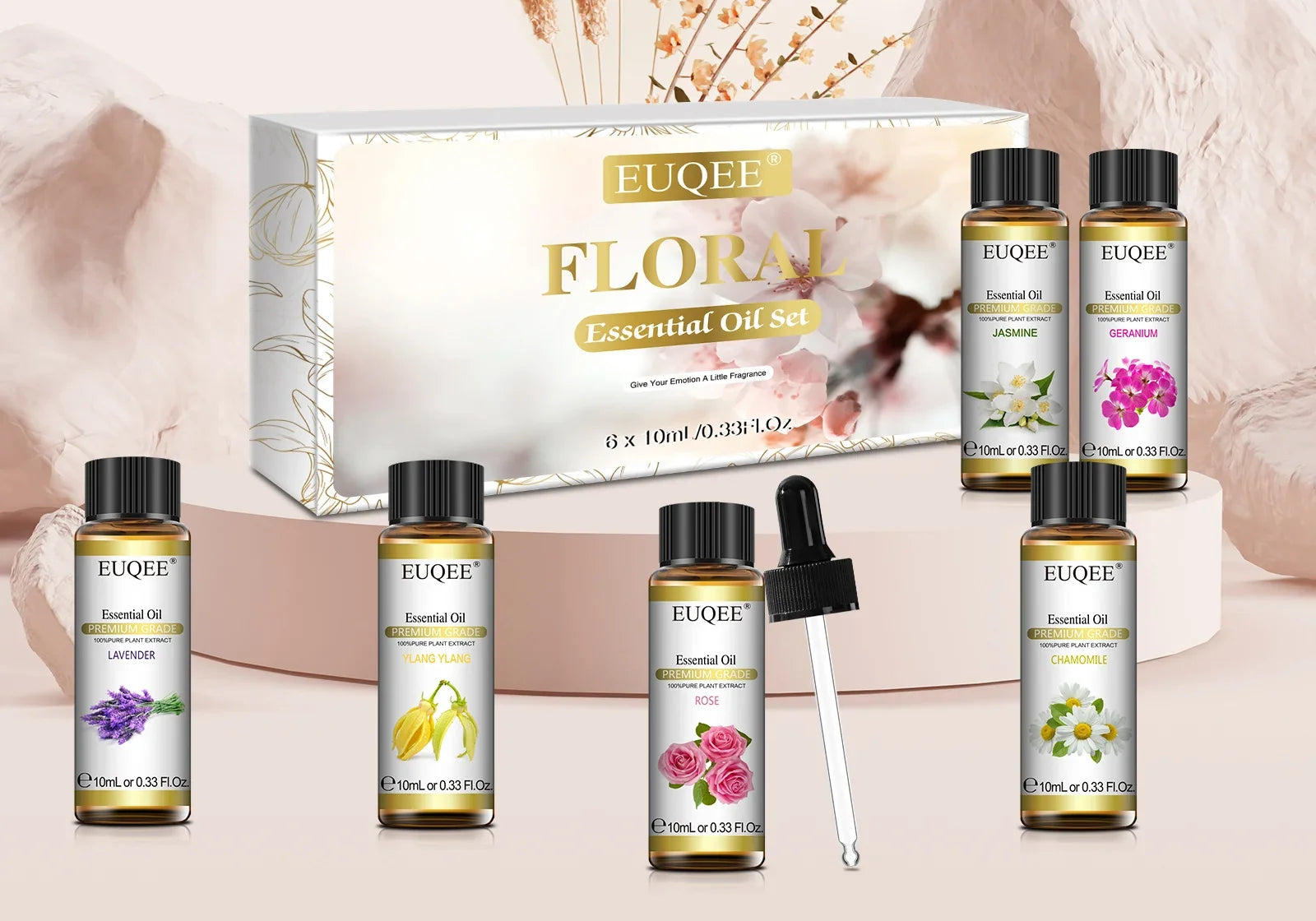 Coffret BRAISE ouvert avec sa boîte et les six flacons d'huiles essentielles